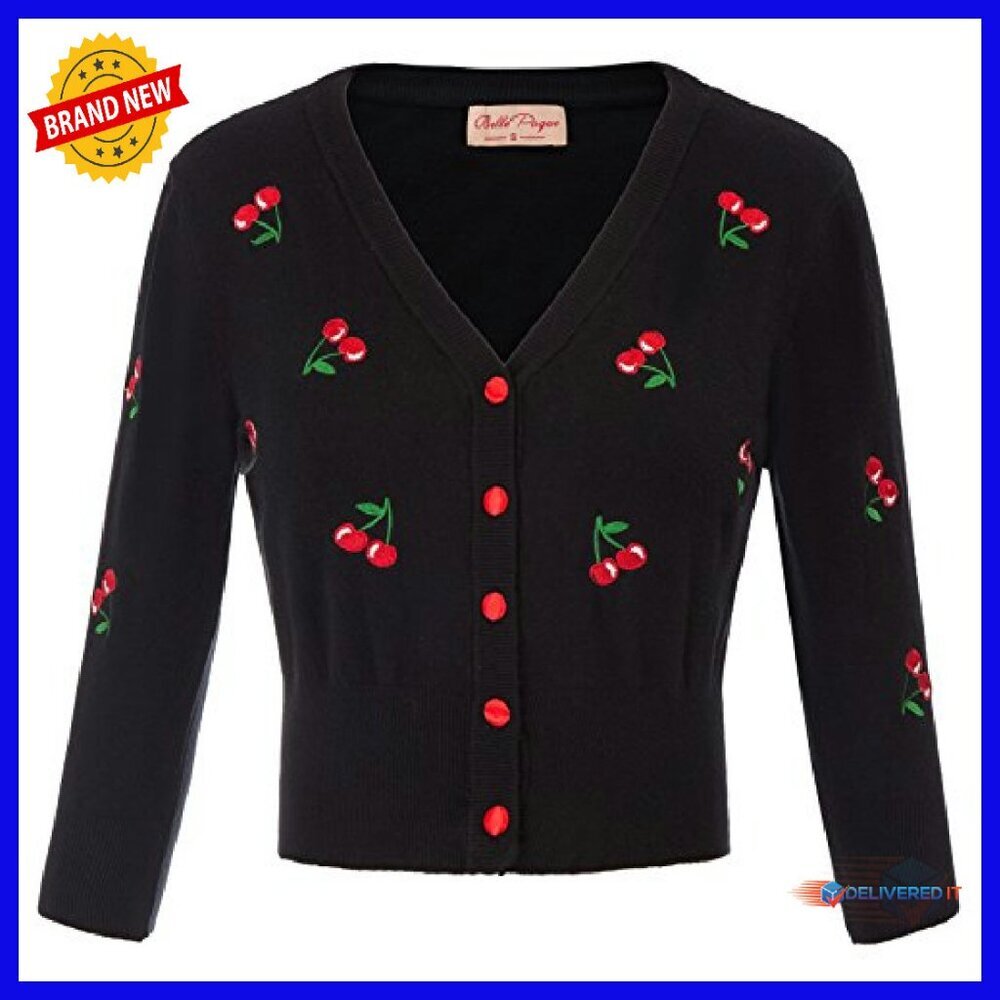 3/4 Sleeve V-Neck Button Down Cropped Cardigan Sweater Coat - Picture 2 of 8